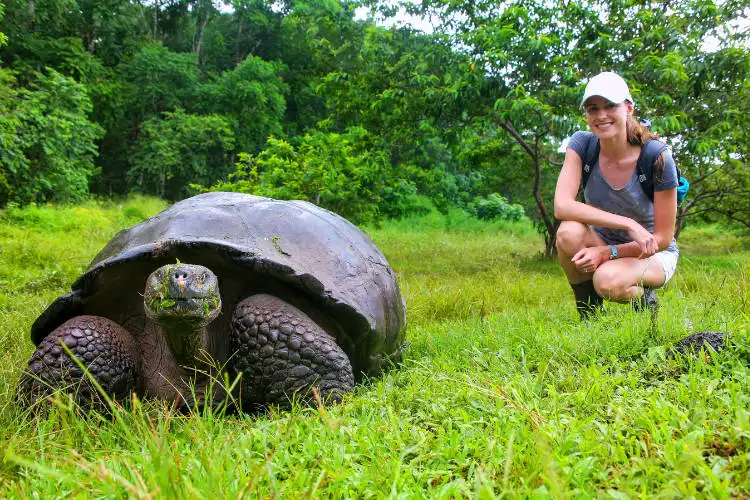 Una mujer arrodillada junto a una tortuga gigante.